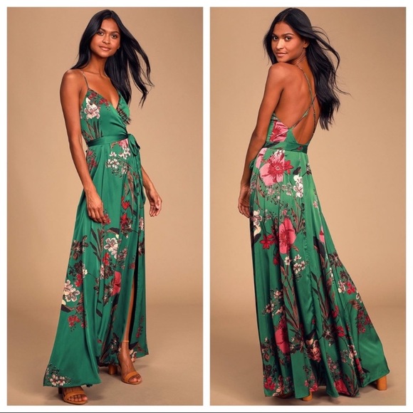 Lulu's | Dresses | Nwt Lulus Still The One Emerald Green Floral Print Satin  Maxi Dress | Poshmark